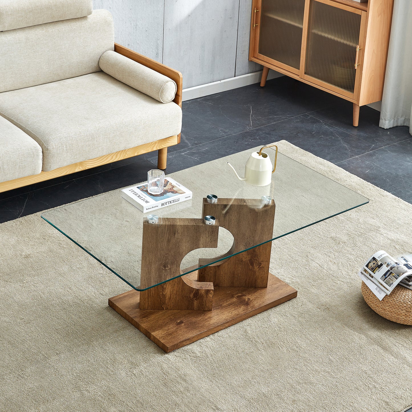 Rectangular Coffee Table with Glass Top & MDF Legs