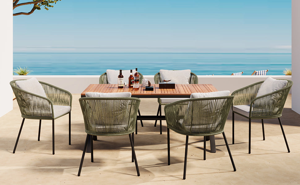 7-piece patio dining set with acacia wood tabletop, green