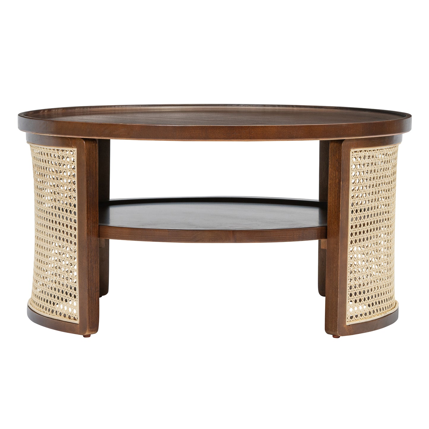 2-Tier Walnut Coffee Table with Rattan Base