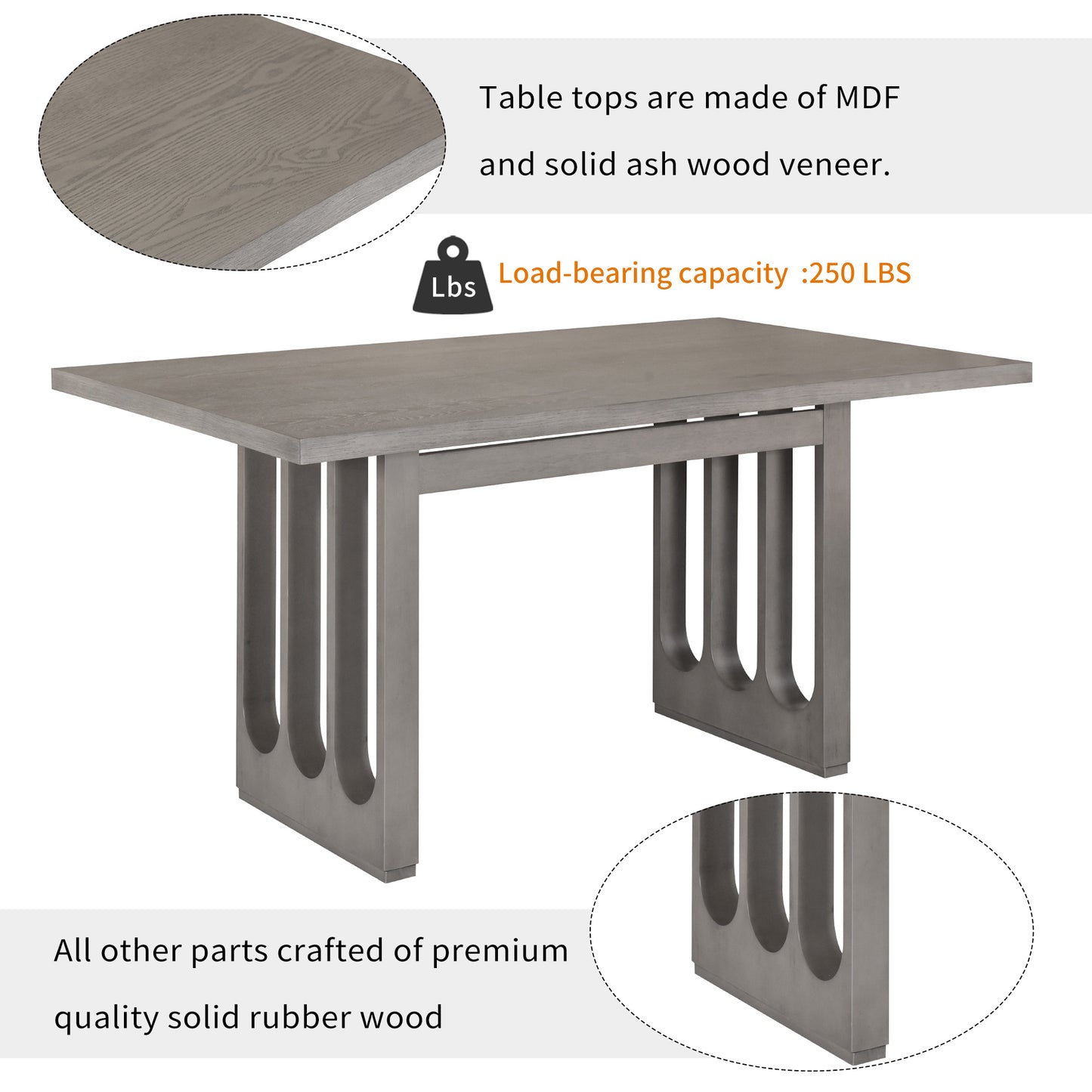 Wood dining table set for 6, grey table, beige upholstered chairs