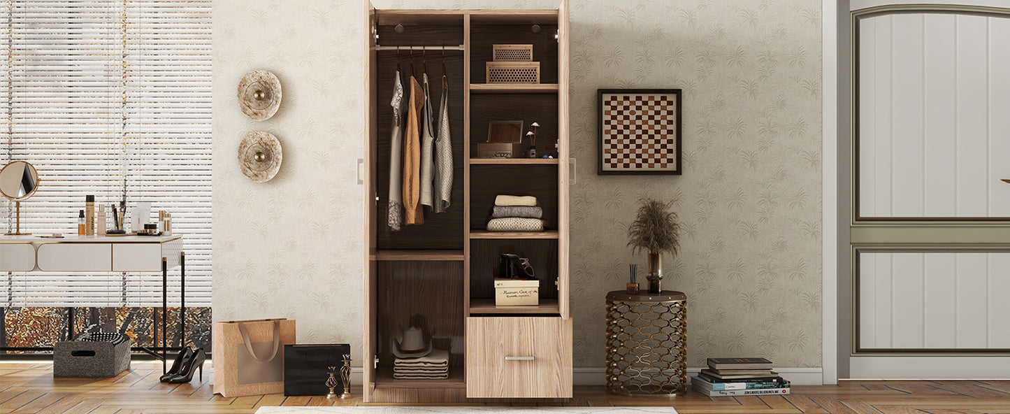 Wooden wardrobe dresser with double doors, hanging rod, 5 shelves, and storage drawer, natural