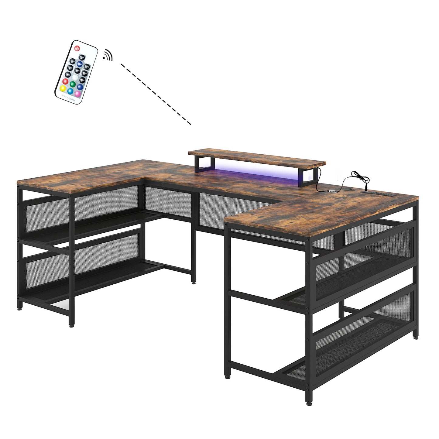 U-Shaped Desk with Power Outlets, LED, Monitor Stand, and Storage