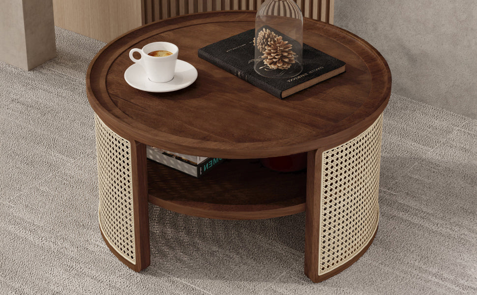 2-Tier Walnut Coffee Table with Rattan Base