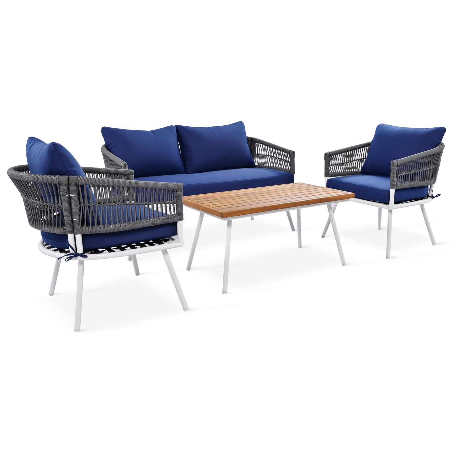 K&K 4-Piece Boho Patio Set with Acacia Wood Table, Navy Blue