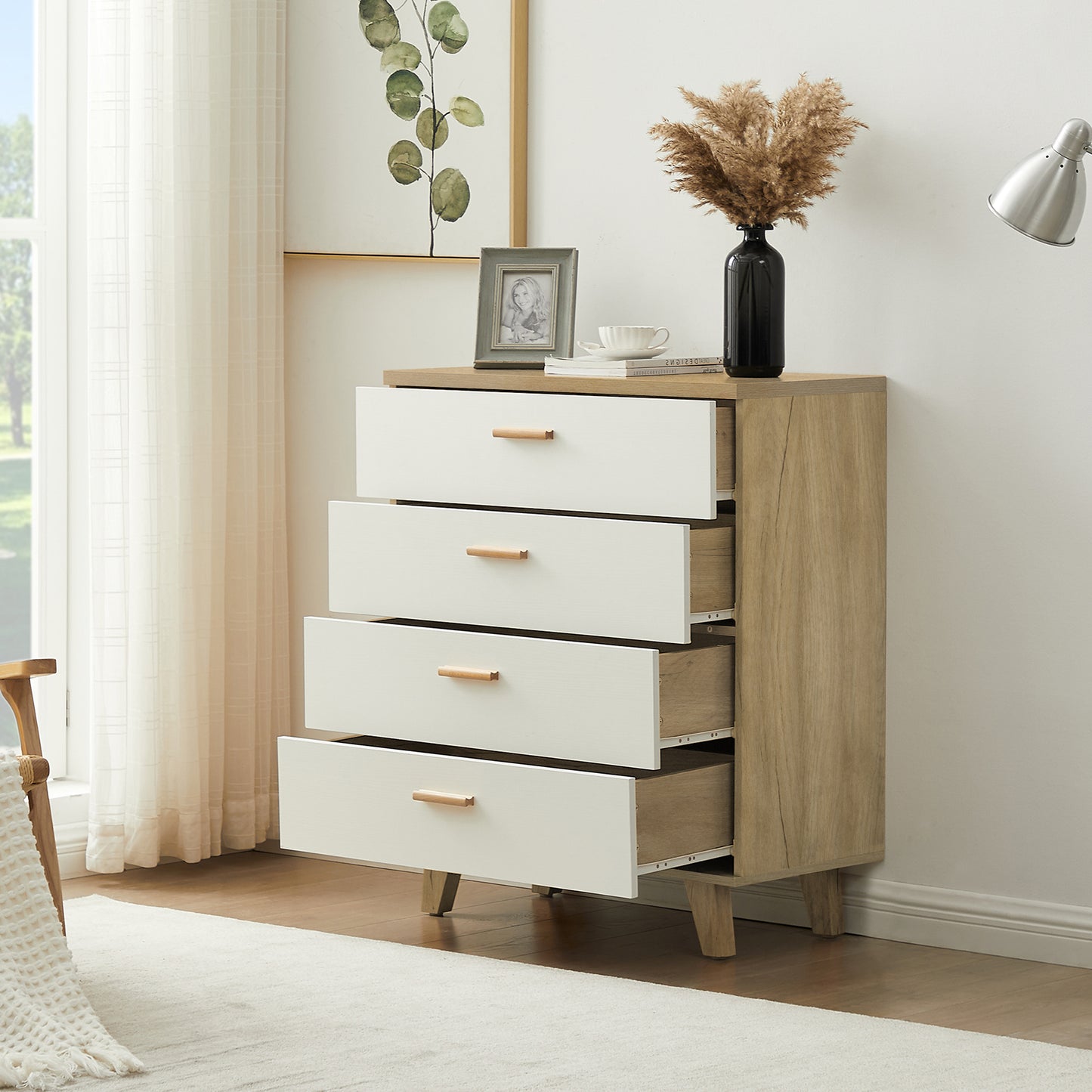 Drawer dresser and sideboard storage cabinet with solid wood handles and legs, brown and white