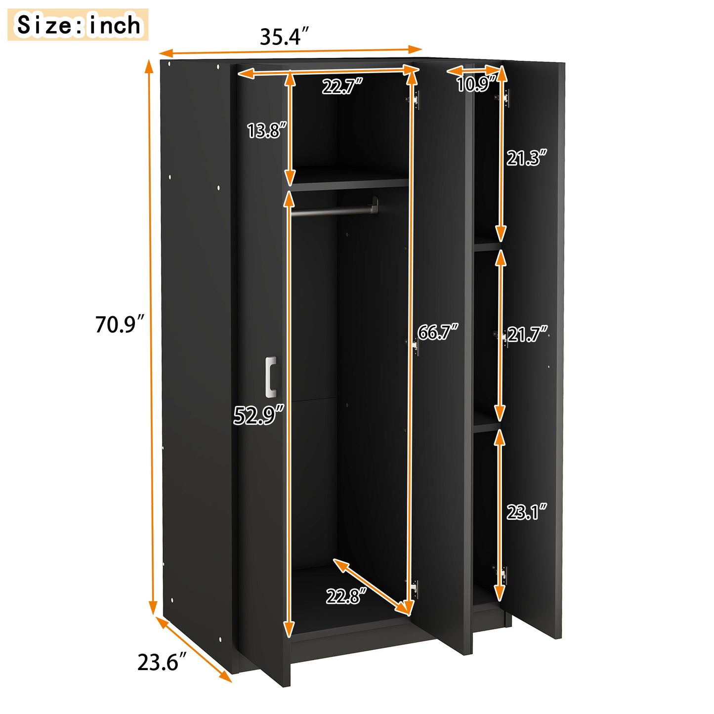 3-door mirror dresser wardrobe with hanging rod and 3 shelves, black