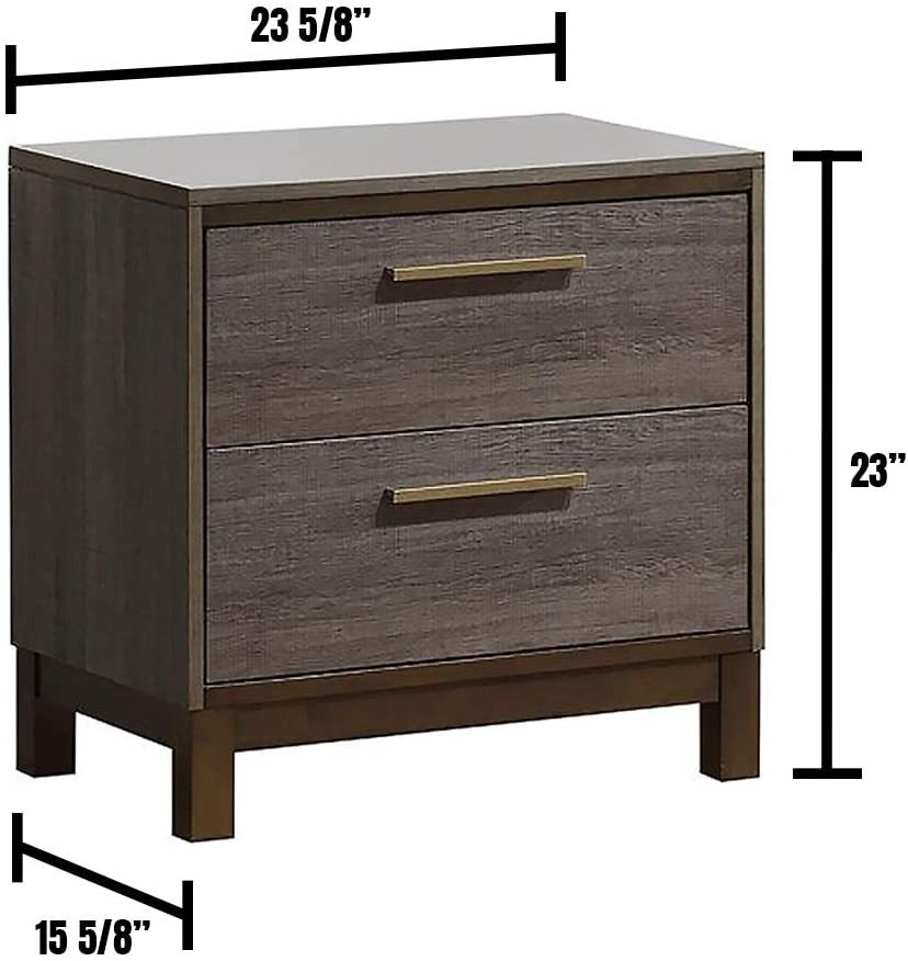 Contemporary nightstand, two-tone antique gray with brass bar pulls