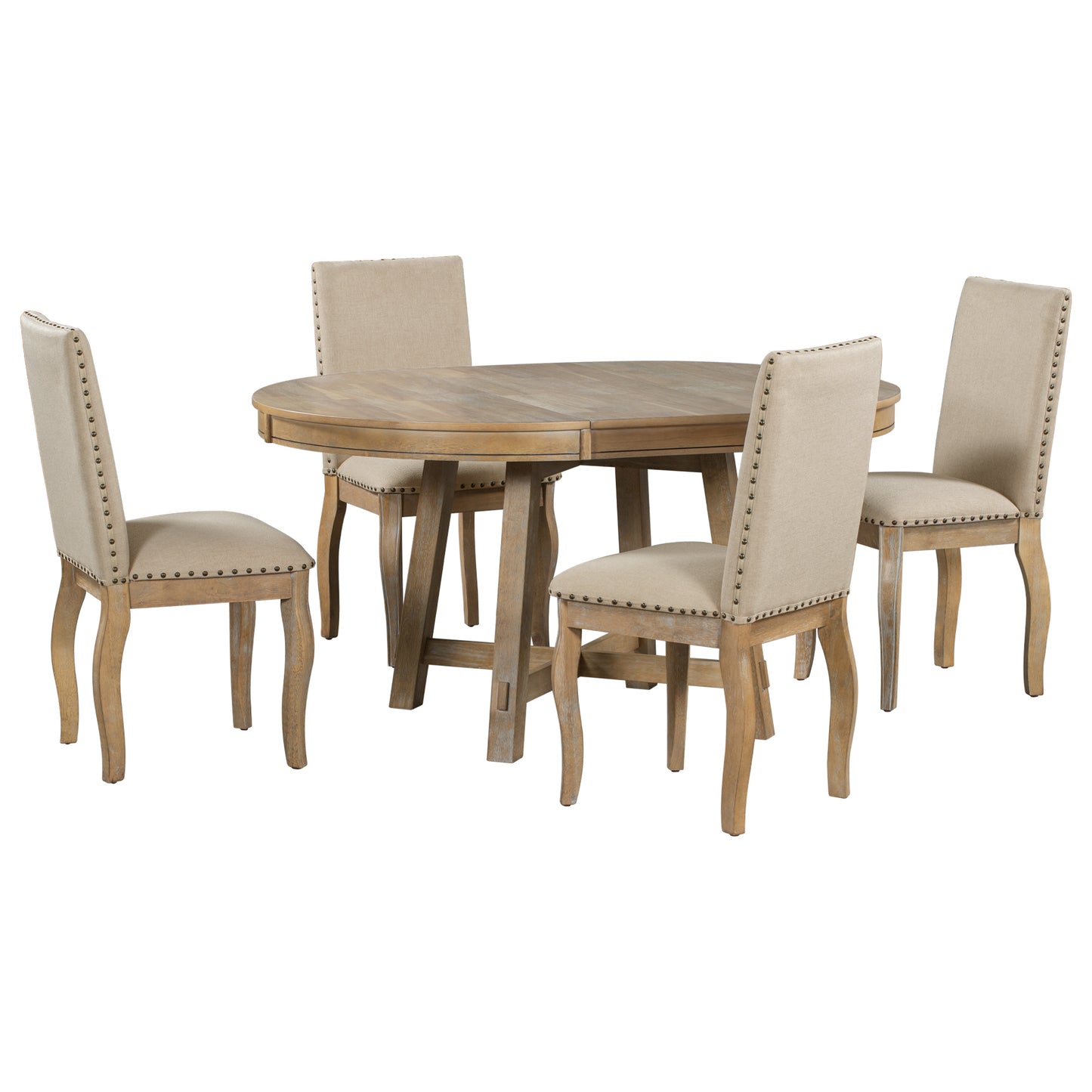 5-piece farmhouse round extendable dining set, natural wood wash, upholstered chairs