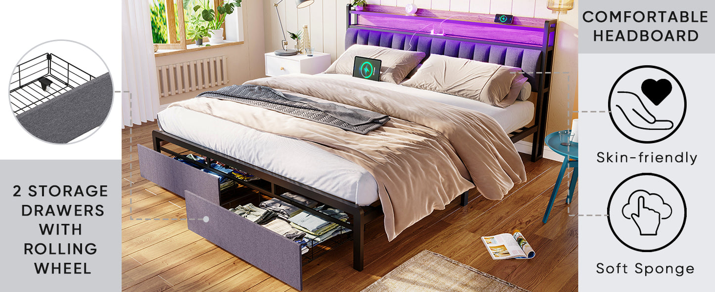 King bed frame with storage headboard, drawers, and LED lights, gray