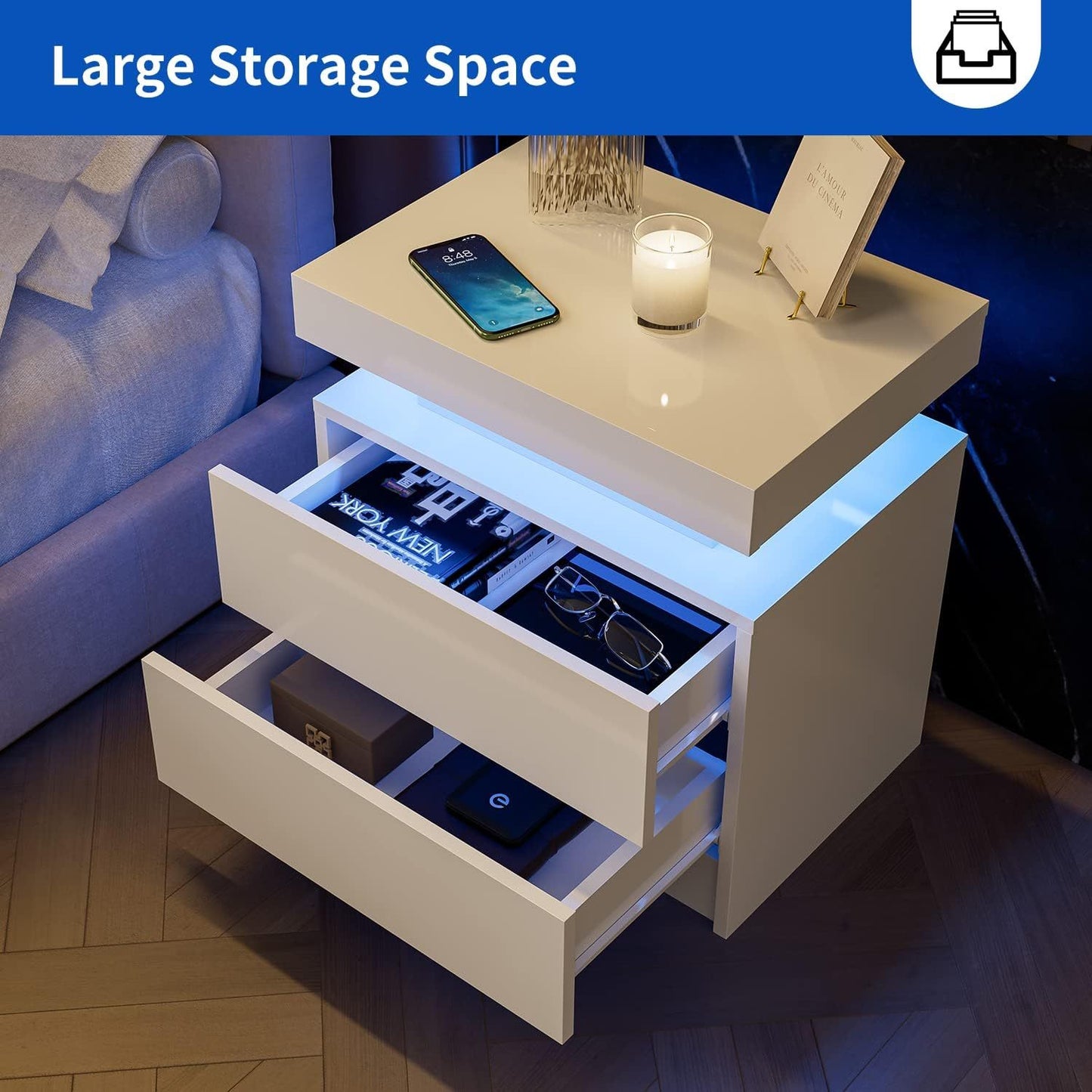 Modern LED nightstand with 2 drawers, white