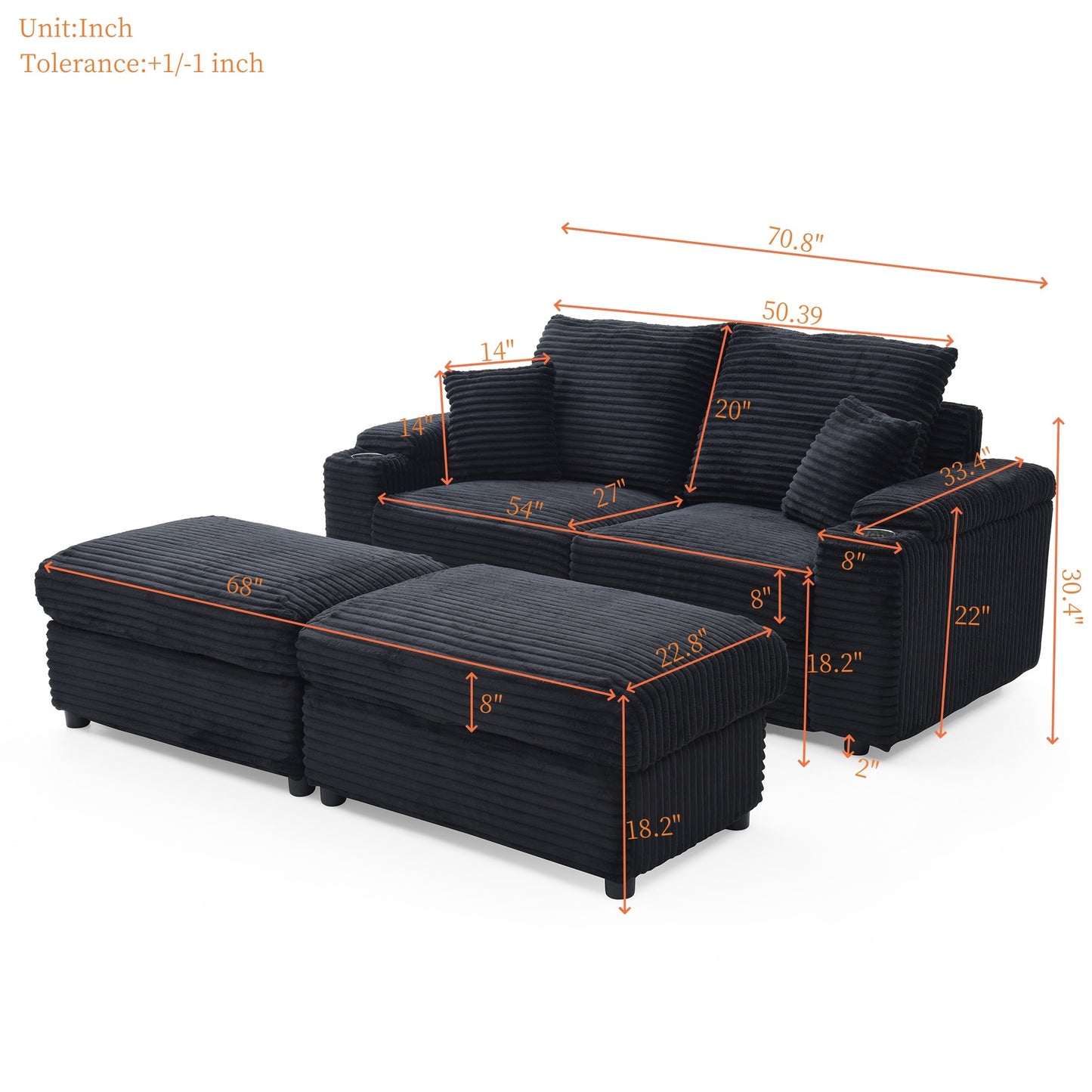 Loveseat with Ottomans, Corduroy Modular Sofa, Deep Plush, Black