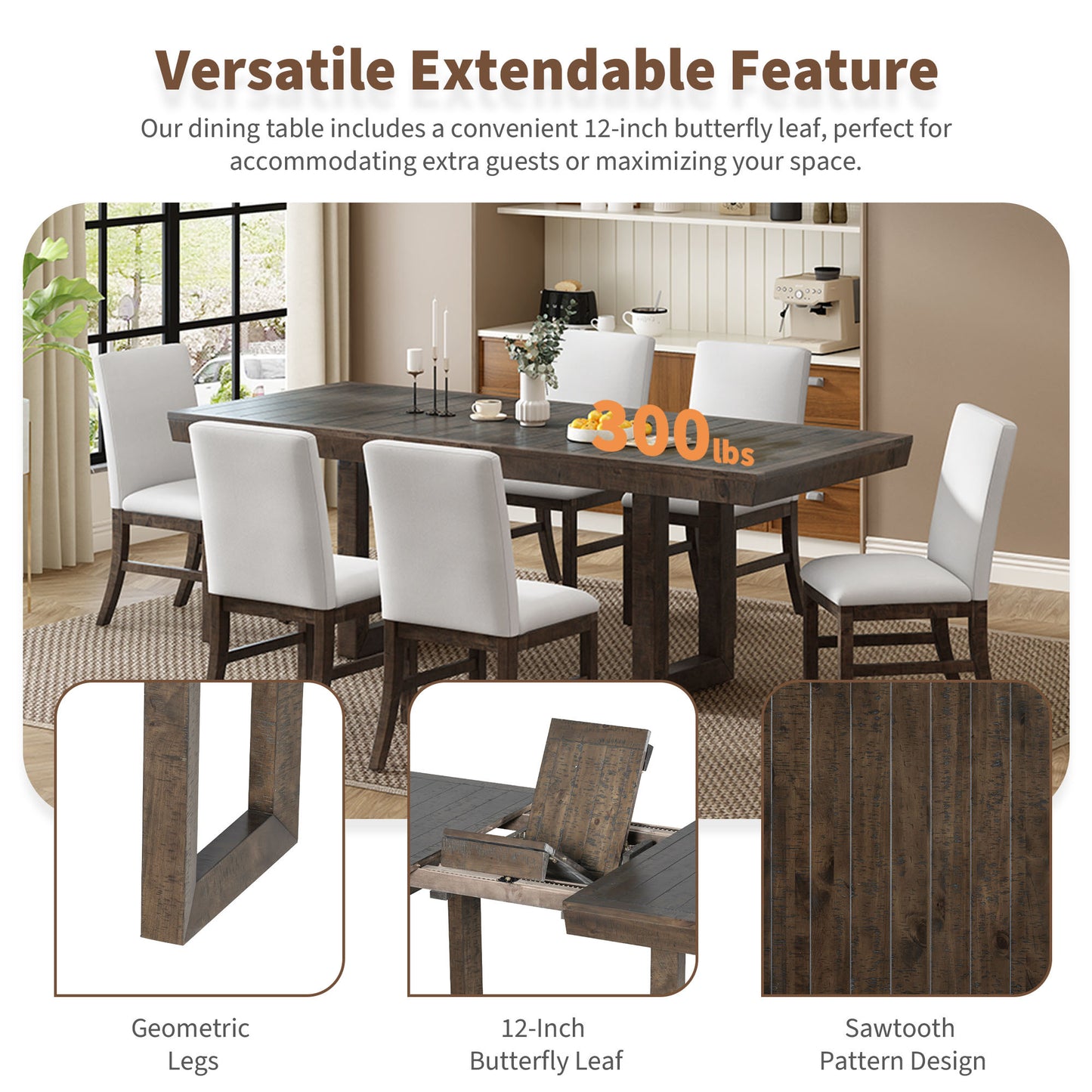 7-piece traditional extendable dining set with butterfly leaf, brown finish