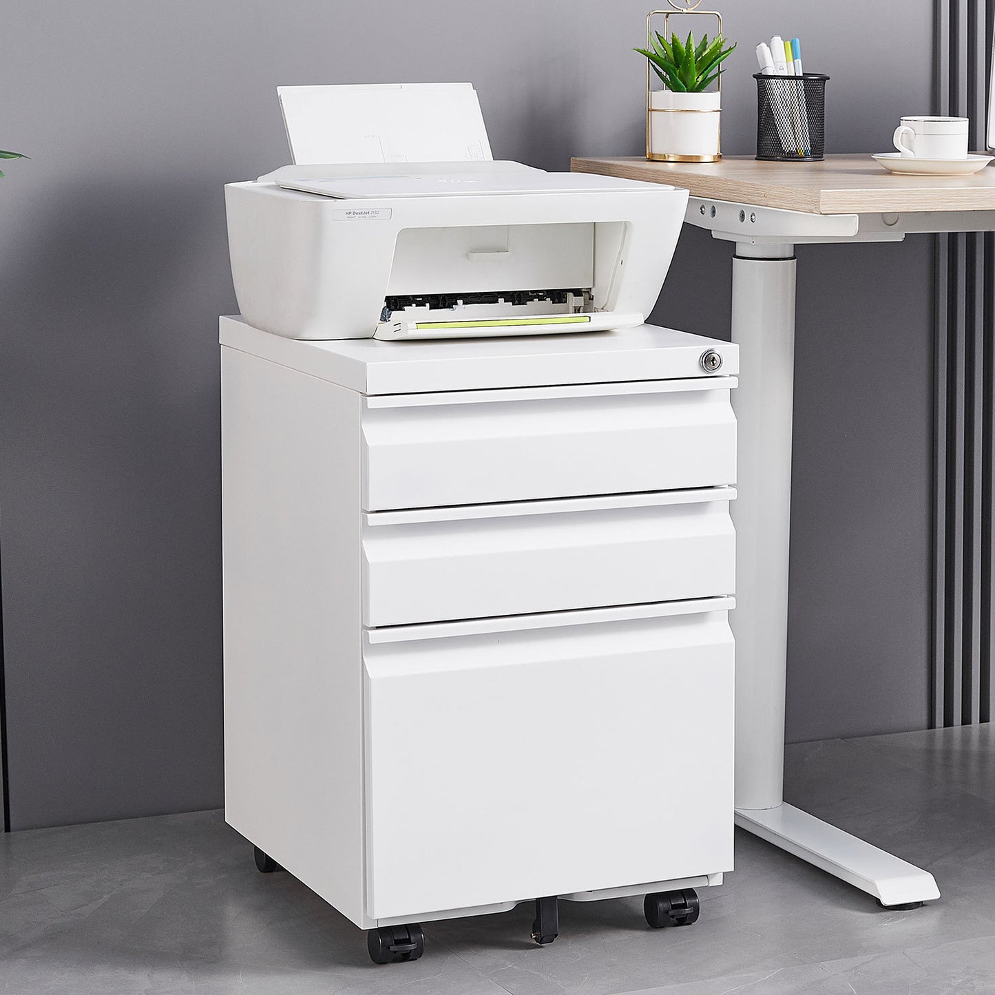 3-drawer mobile file cabinet with lock, white