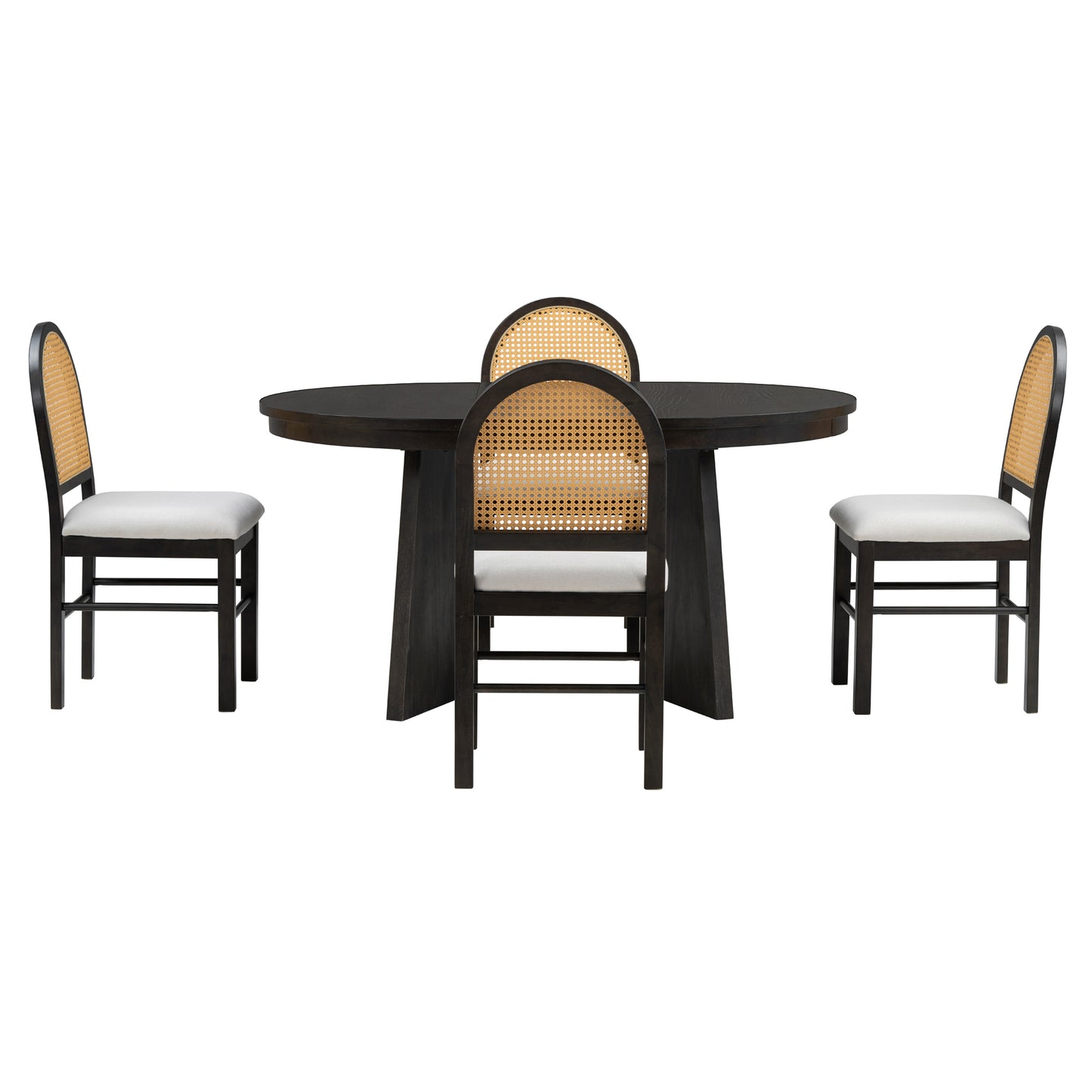 5-piece retro dining set with extendable table and rattan-back chairs, espresso