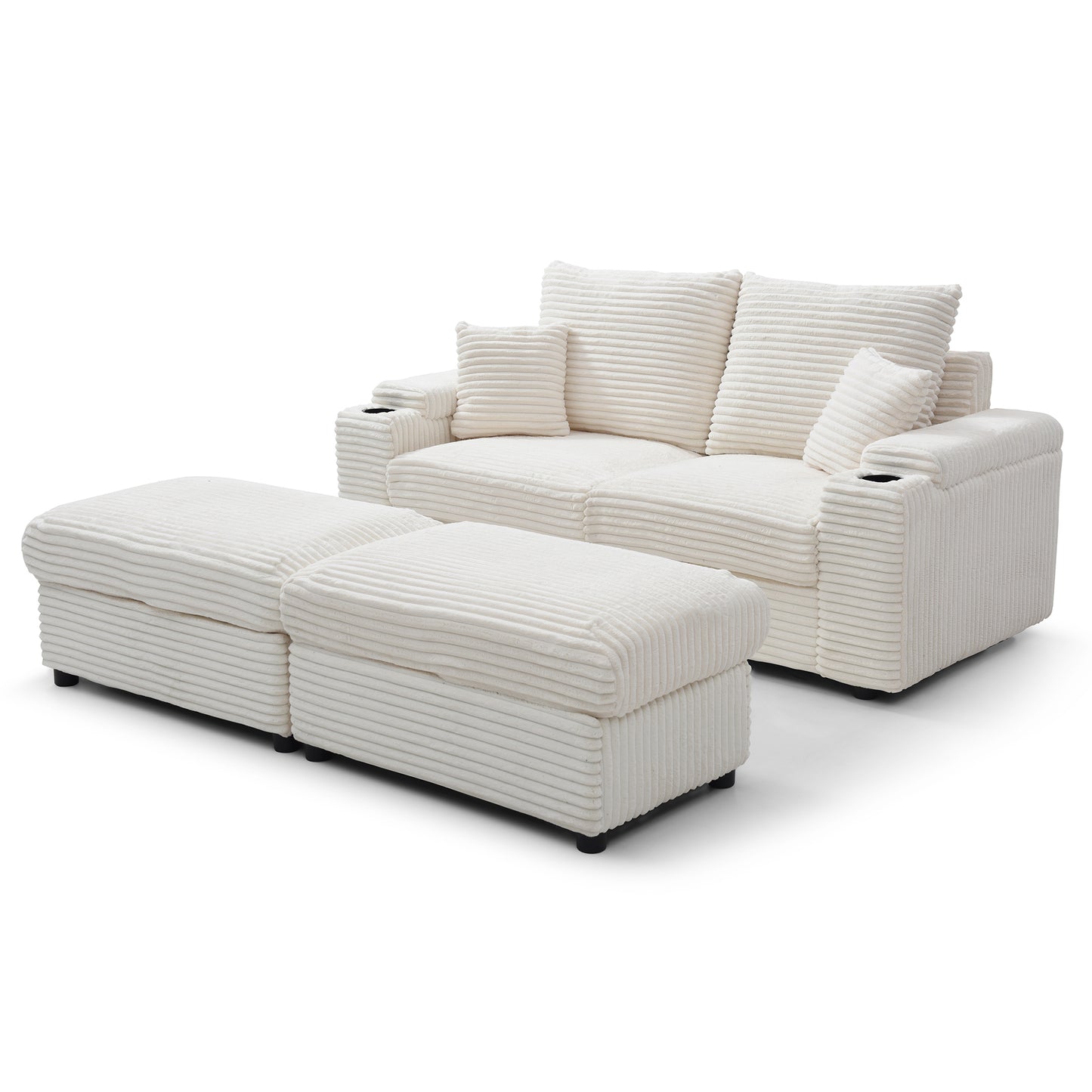 Loveseat with Ottomans, Corduroy Modular Sofa, Deep Plush, Beige