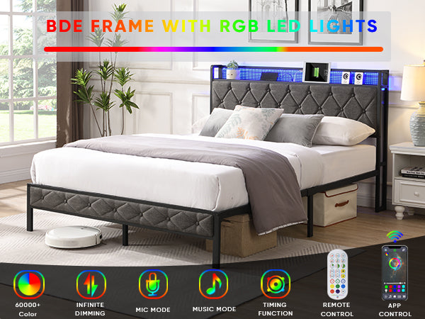 Queen bed frame with storage headboard and LED lights, dark gray