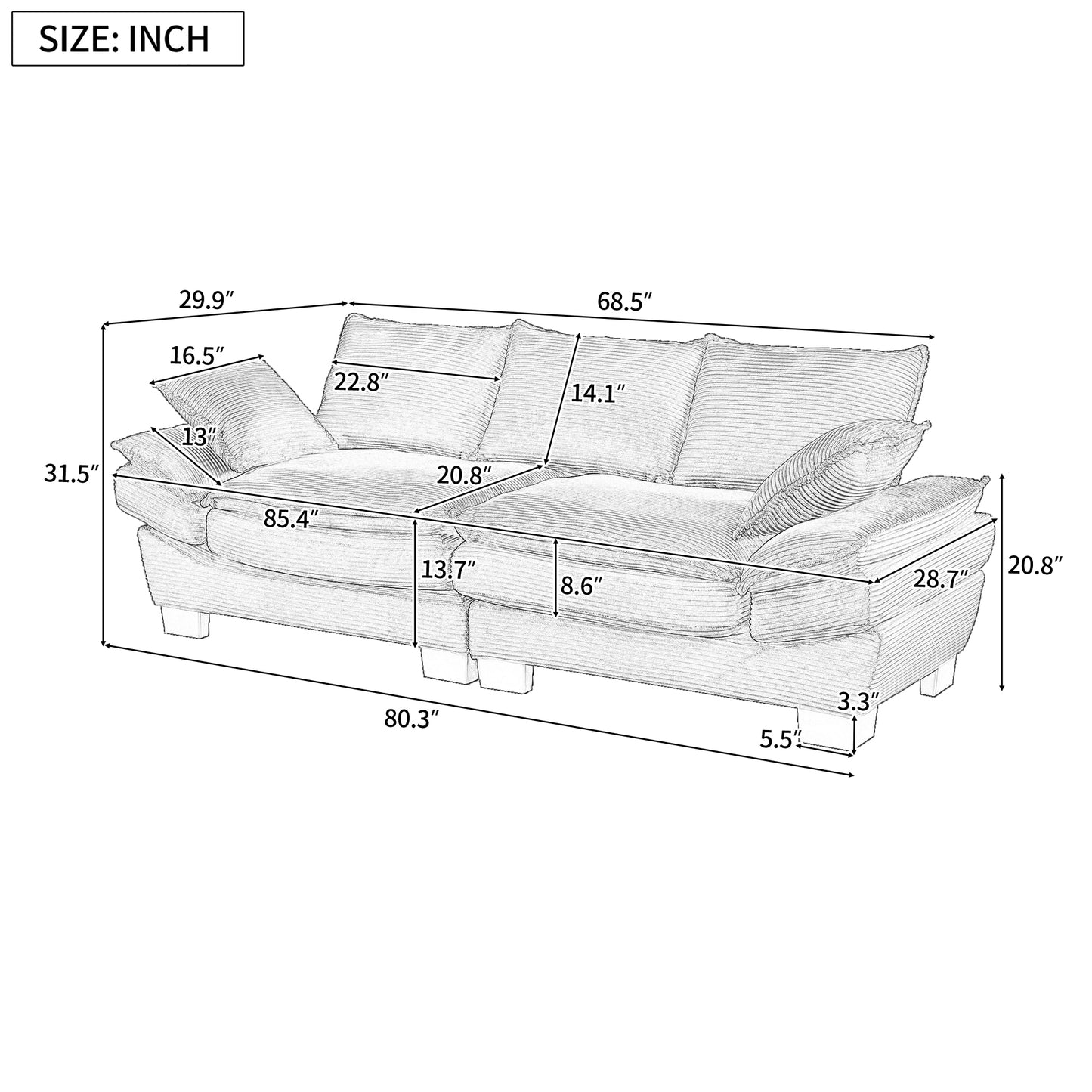 85.4" U-Style Curved Sofa with Throw Pillows, Corduroy Fabric