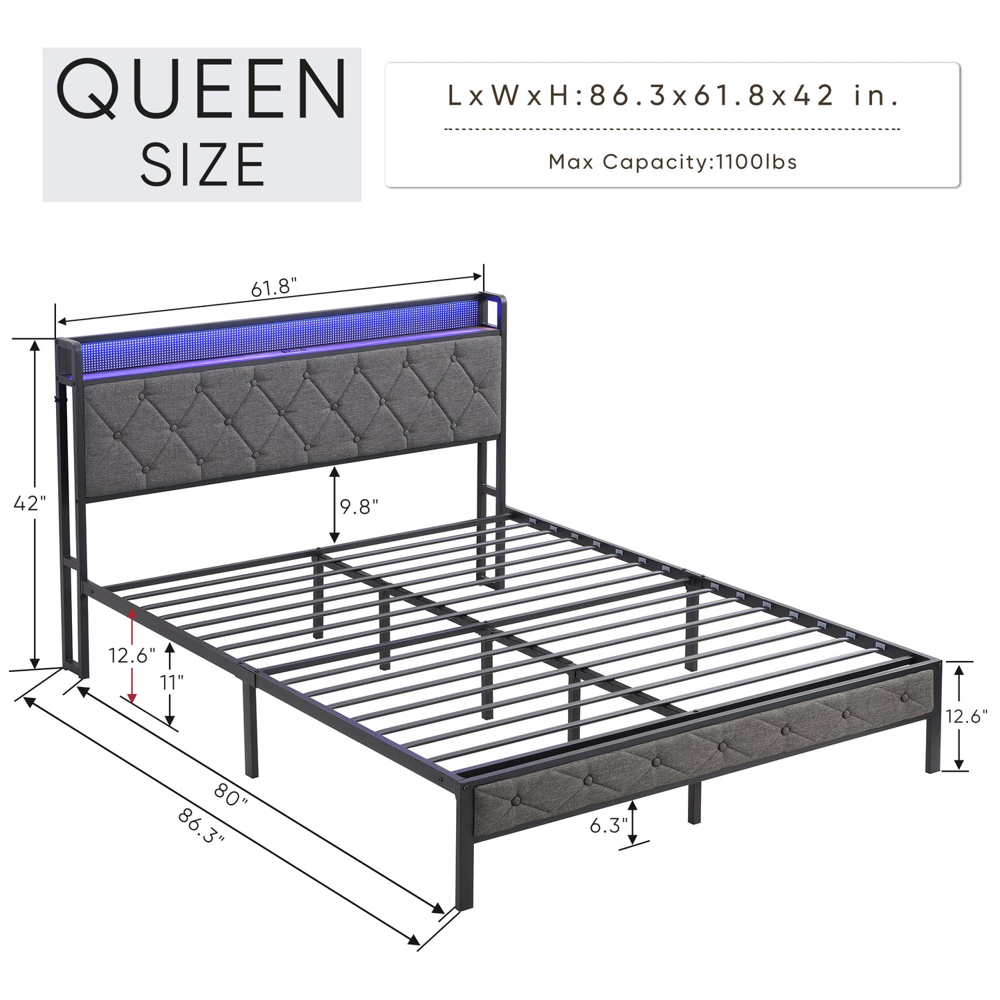 Queen bed frame with storage headboard and LED lights, dark gray