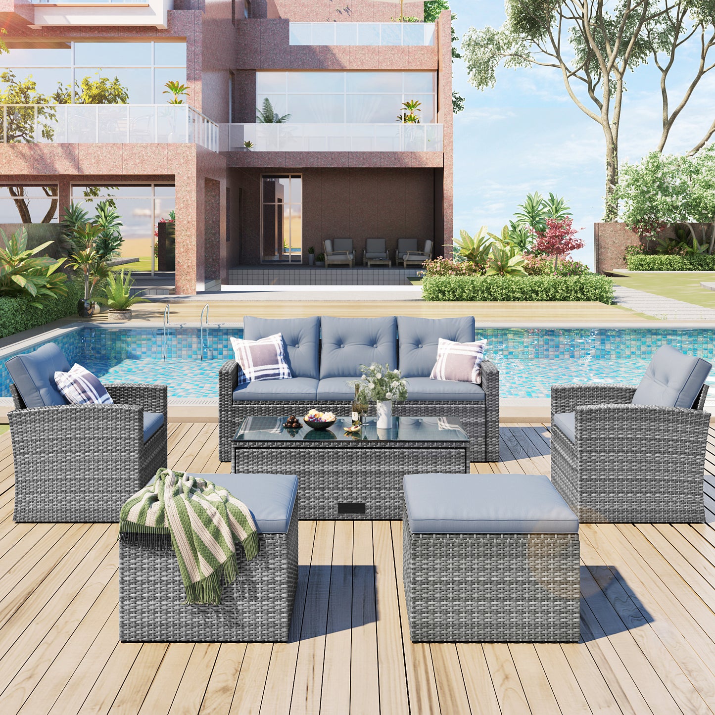 6-piece wicker patio sectional set with coffee table, dark grey wicker, light grey cushions