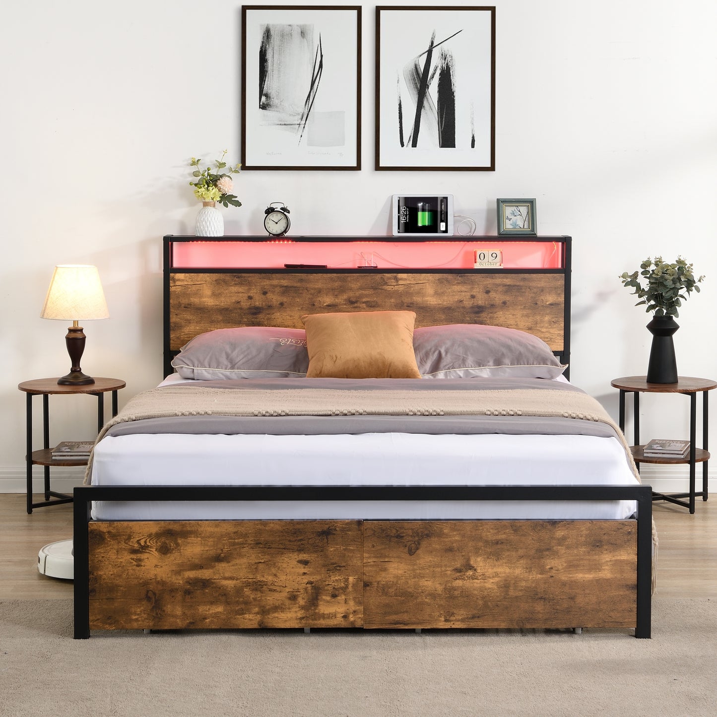 Queen bed frame with storage headboard, drawers, and LED lights