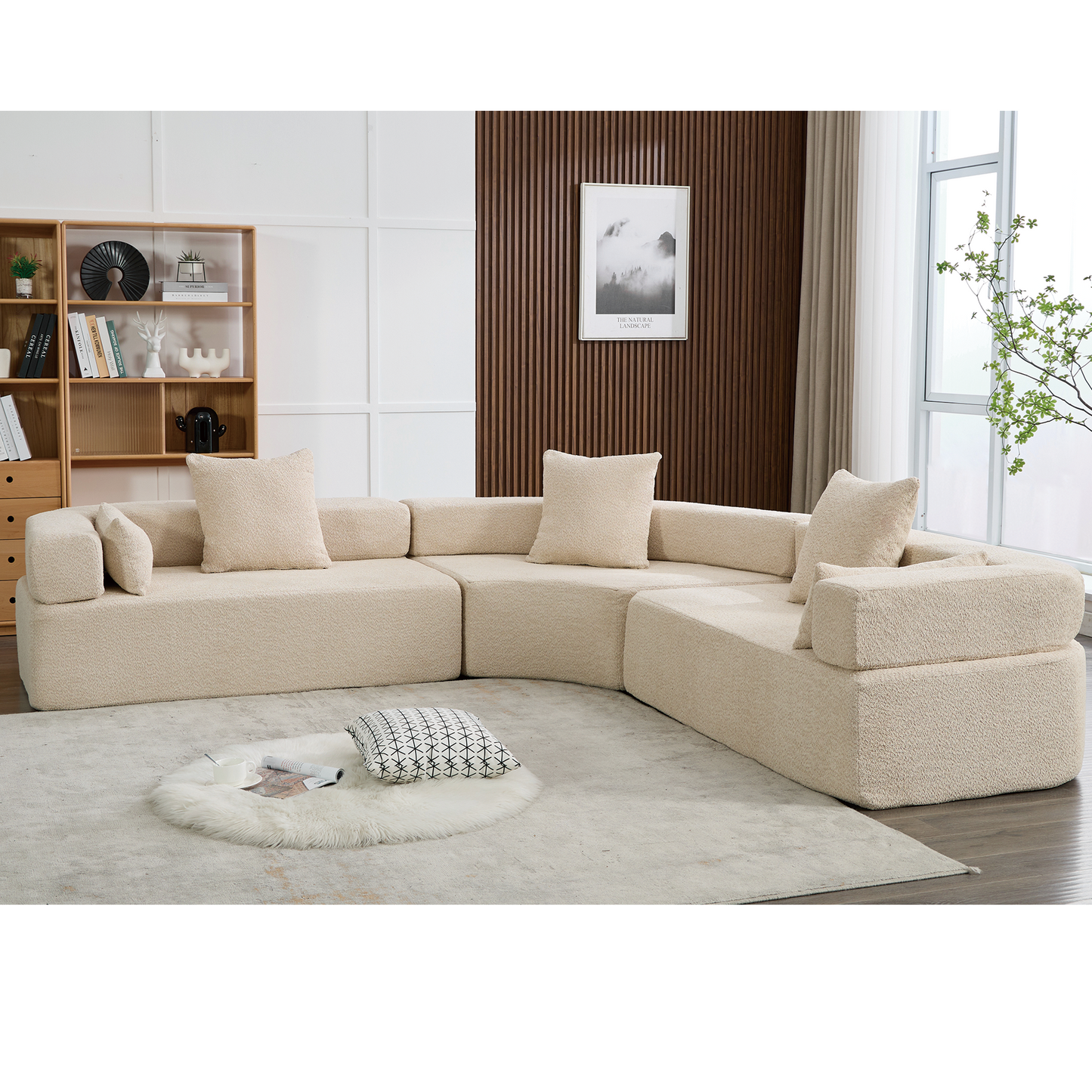 Oversized Curved 4-Seater Modular Sofa, 3-Piece Boucle, Khaki