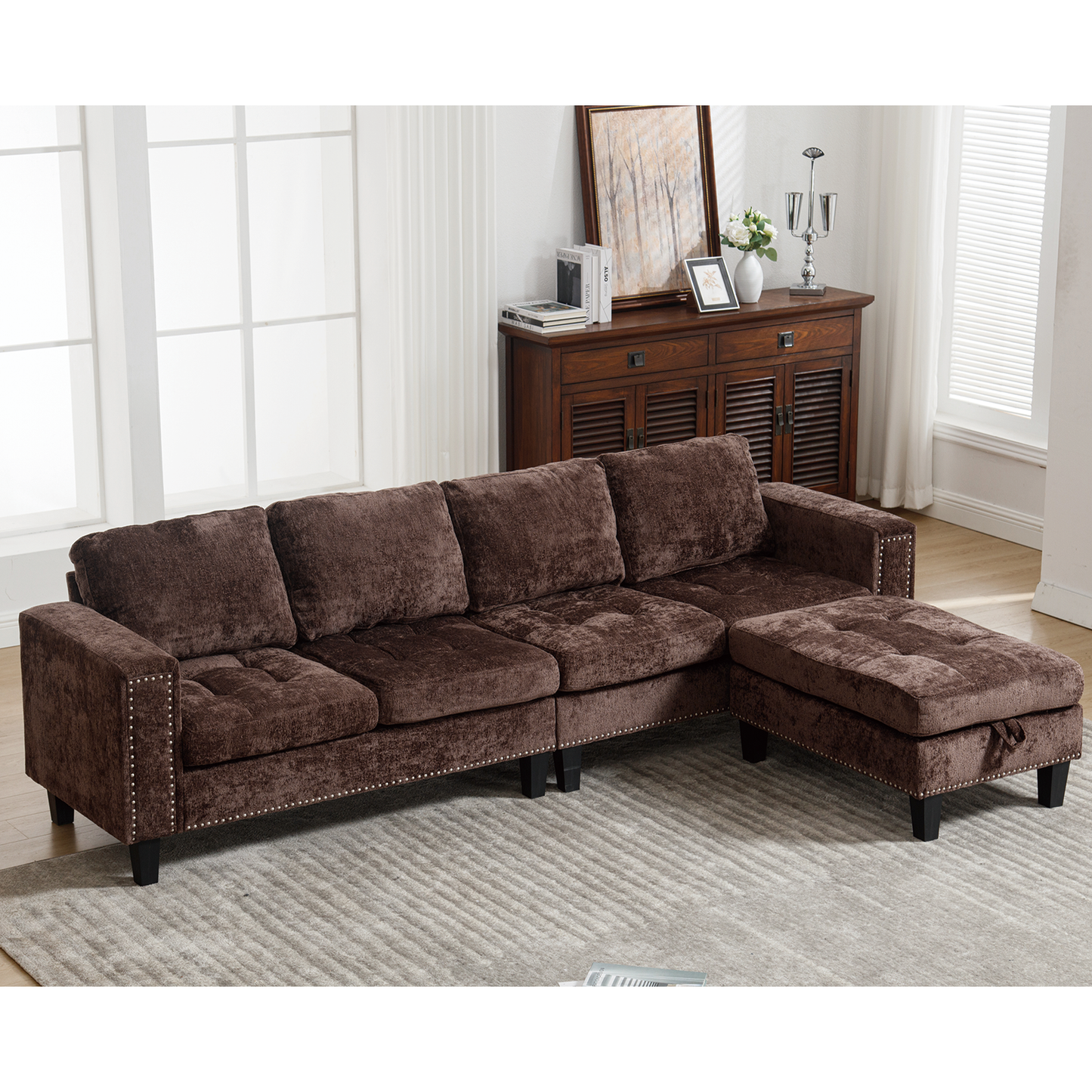 5-Seat Modular Sofa with Storage Ottoman, Reversible Chaise, Chenille, Brown