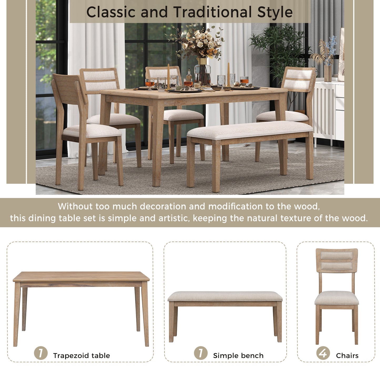 6-piece traditional dining set with upholstered chairs and bench, natural wood wash