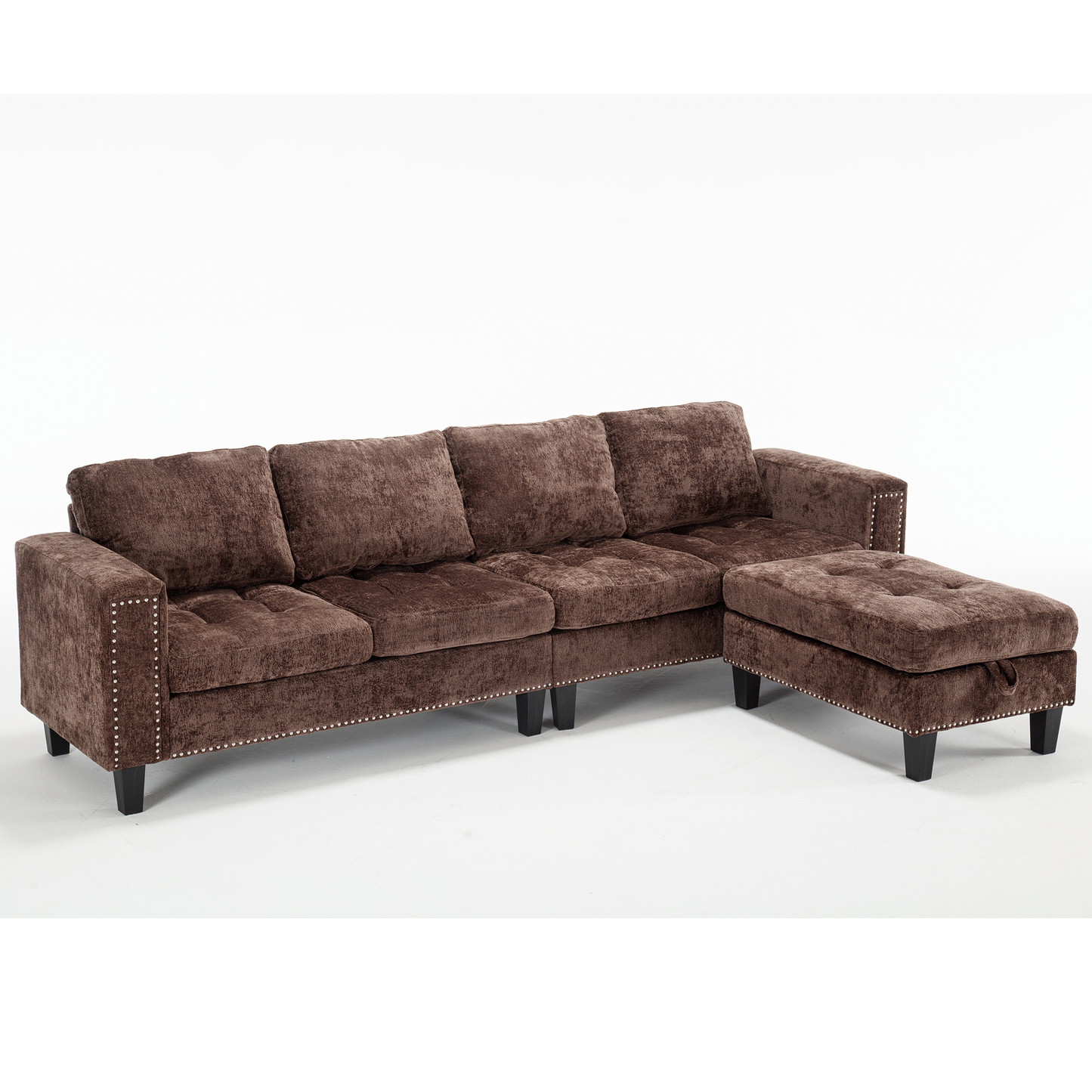 5-Seat Modular Sofa with Storage Ottoman, Reversible Chaise, Chenille, Brown