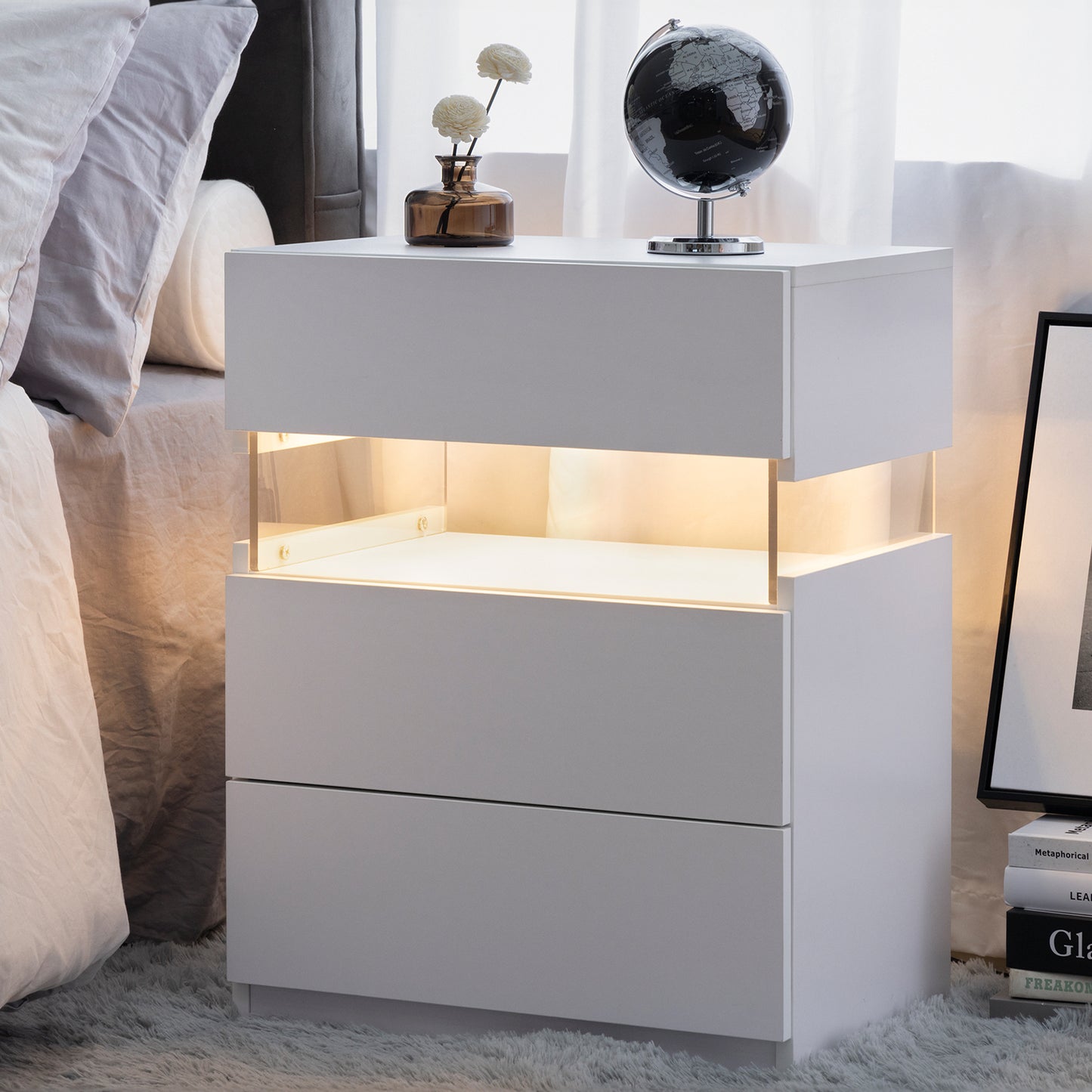 LED nightstand with 3 drawers and acrylic board, white