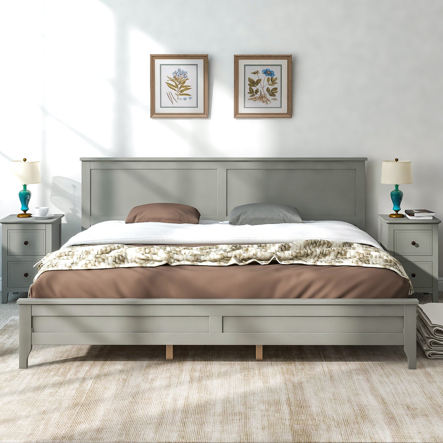 Modern Gray Solid Wood King Platform Bed