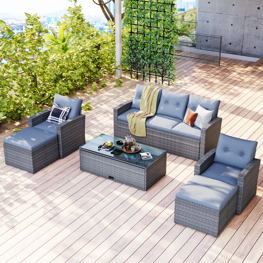 6-piece wicker patio sectional set with coffee table, dark grey wicker, light grey cushions