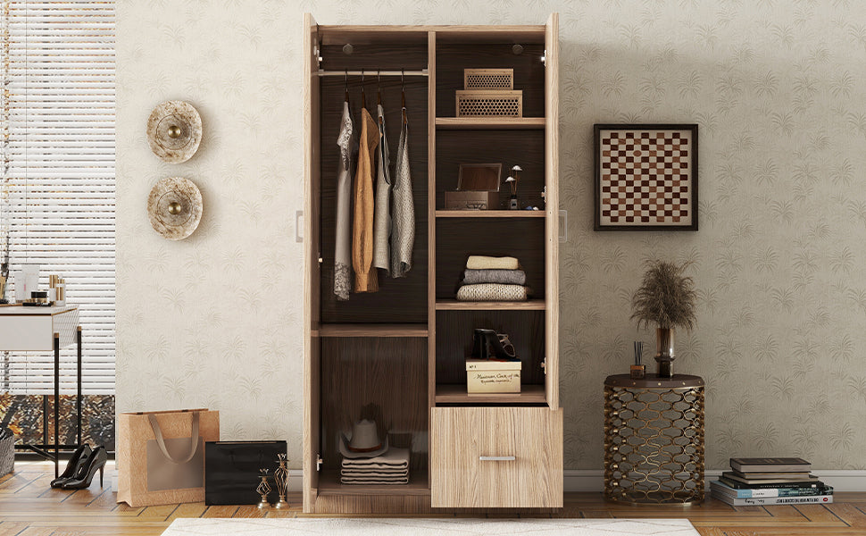 Wooden wardrobe dresser with double doors, hanging rod, 5 shelves, and storage drawer, natural