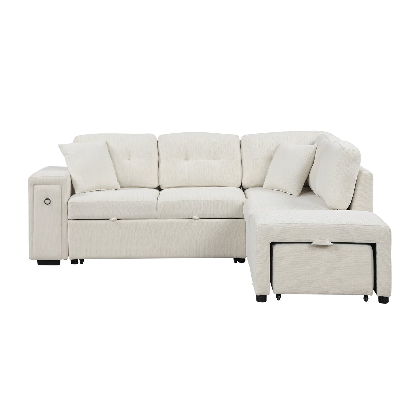 86.6 L-Shaped Sofa Bed with Ottoman, USB Ports & Cup Holders, Beige