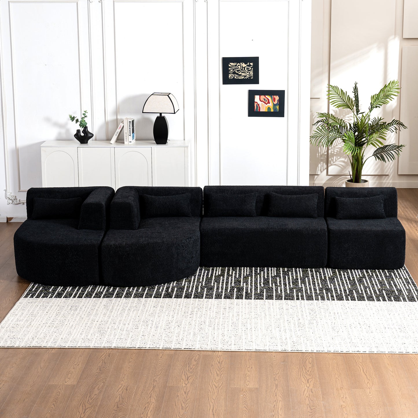 143.7 Upholstered Sofa with Chaise and Back Pillows, Black