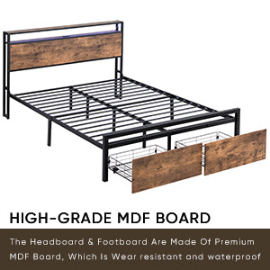 Queen bed frame with storage headboard, drawers, and LED lights