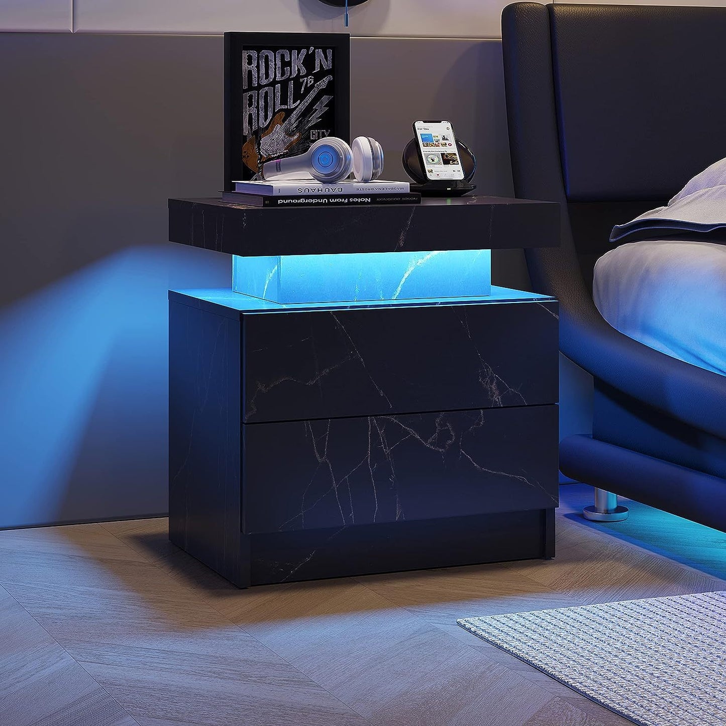 Modern LED nightstand with 2 drawers, black gold