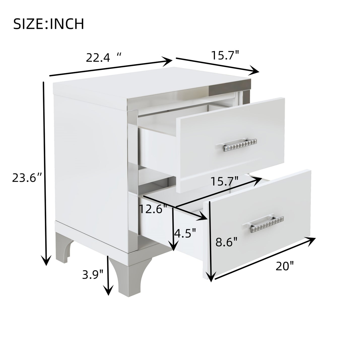 Elegant high gloss nightstand with 2 drawers, mirrored, white