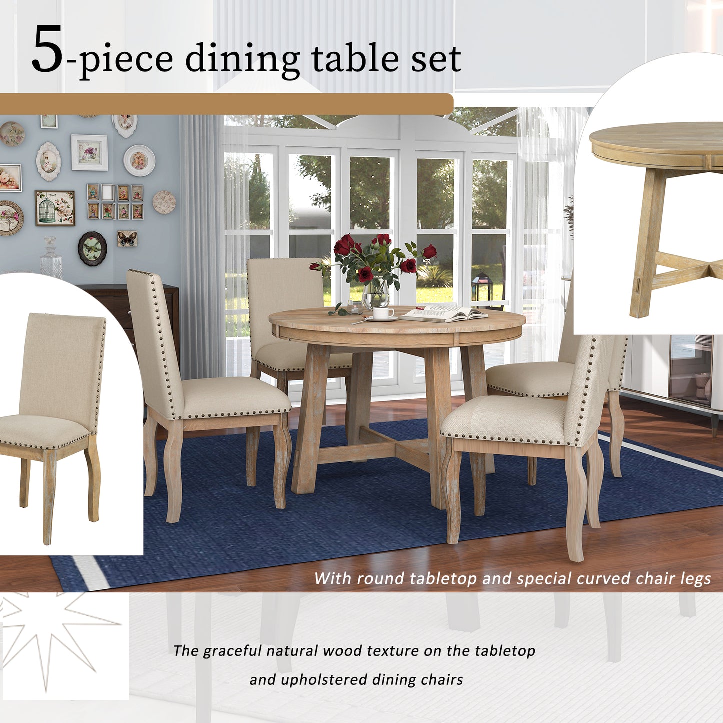 5-piece farmhouse round extendable dining set, natural wood wash, upholstered chairs