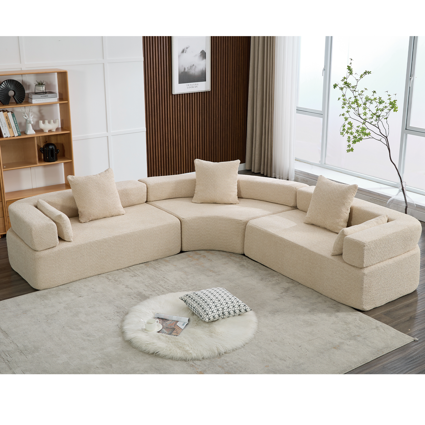 Oversized Curved 4-Seater Modular Sofa, 3-Piece Boucle, Khaki