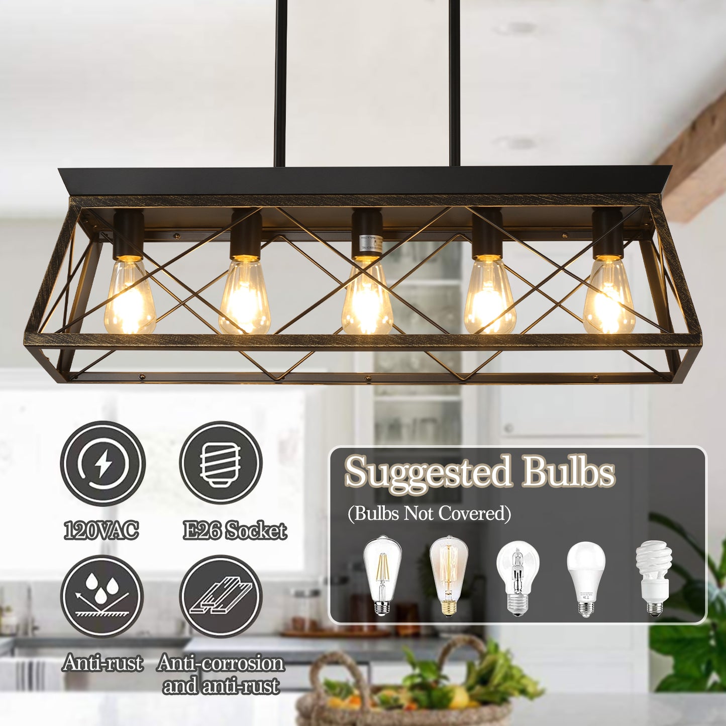 5-Light Black and Gold Farmhouse Chandelier, Rectangular Pendant Fixture