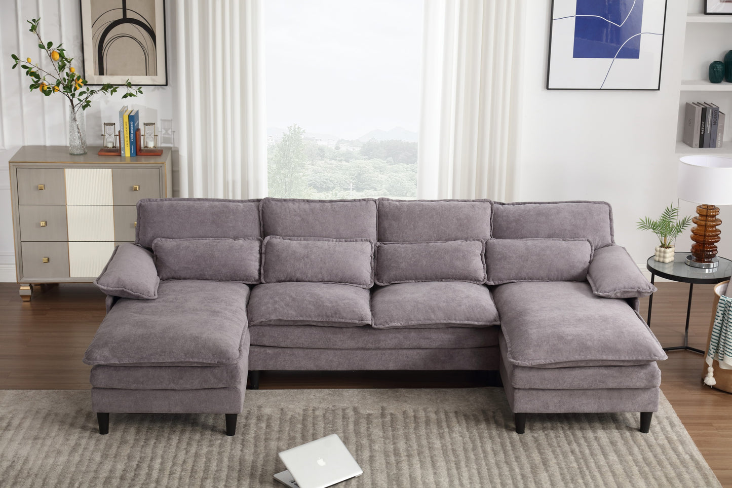 U-Shaped Modular Sectional Sofa with Chaise Lounge, 4 Seater, Terrycloth, Gray