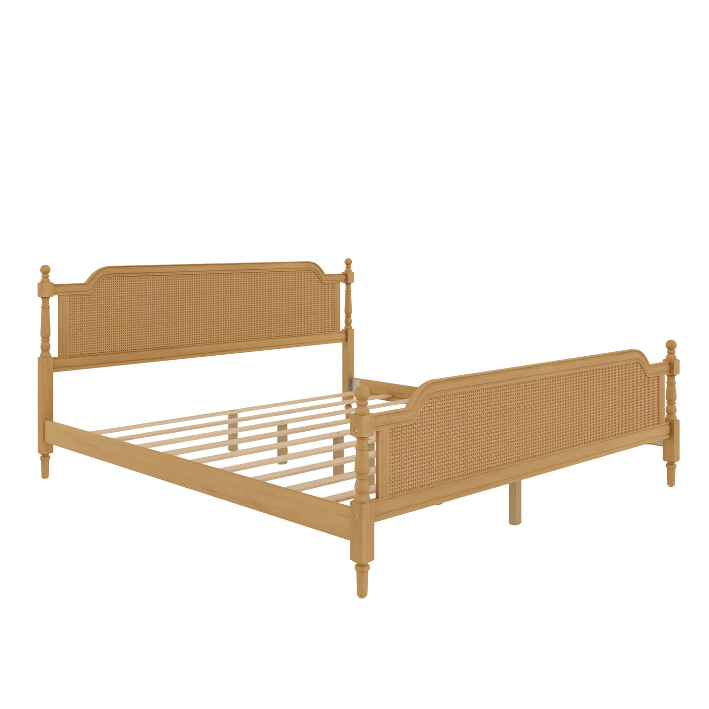 Traditional Style Rattan King Size Bed Frame,No Box Spring Needed,Antique Walnut