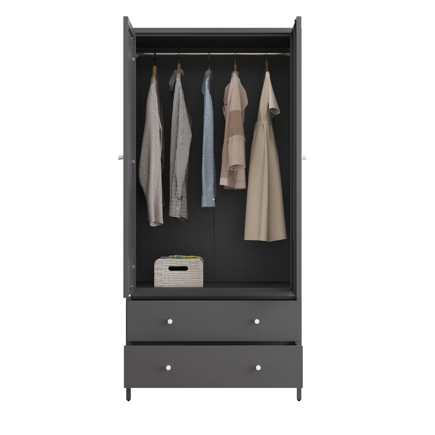 Metal dresser armoire wardrobe with mirror door, 2 drawers, and hanging rod, dark gray