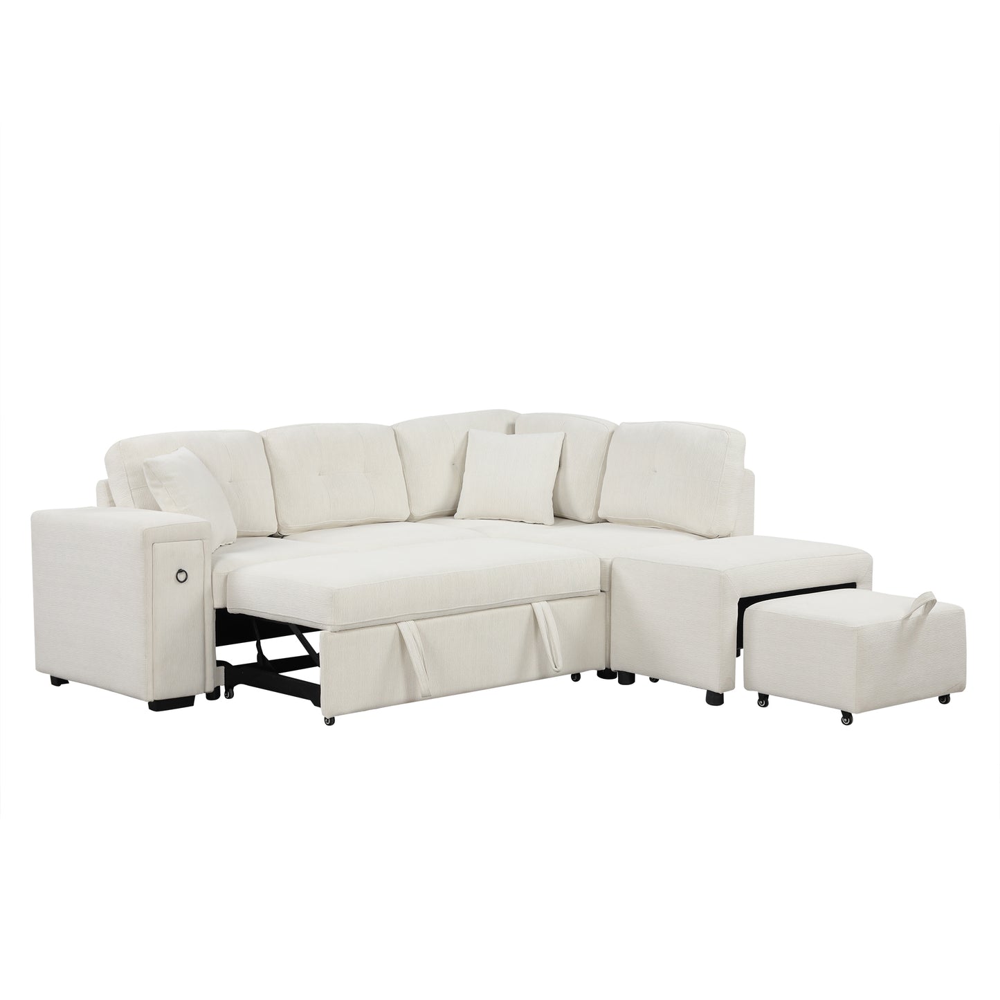 86.6 L-Shaped Sofa Bed with Ottoman, USB Ports & Cup Holders, Beige