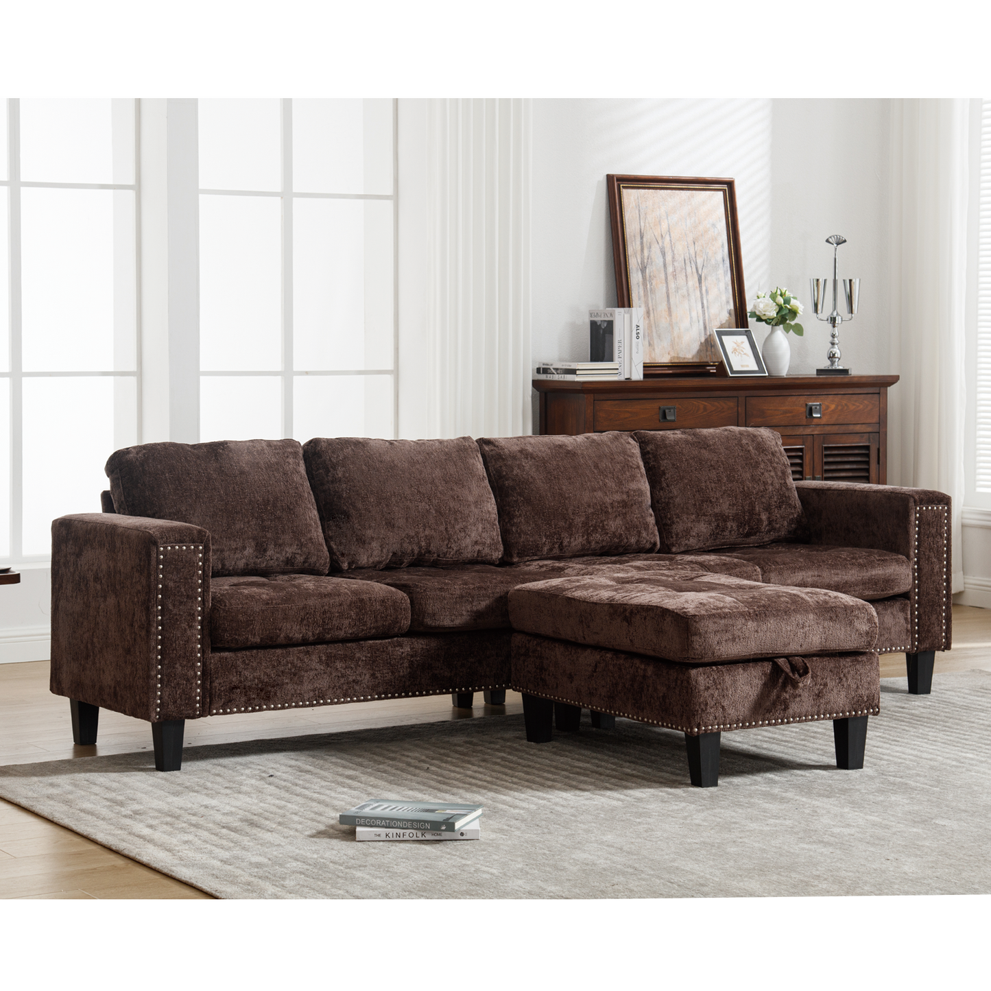 5-Seat Modular Sofa with Storage Ottoman, Reversible Chaise, Chenille, Brown