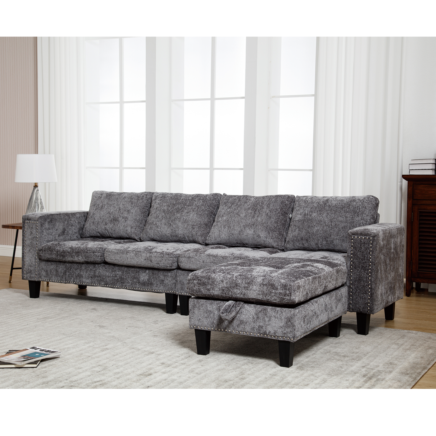 5-Seat Modular Sofa with Storage Ottoman, Reversible Chaise, Chenille, Gray