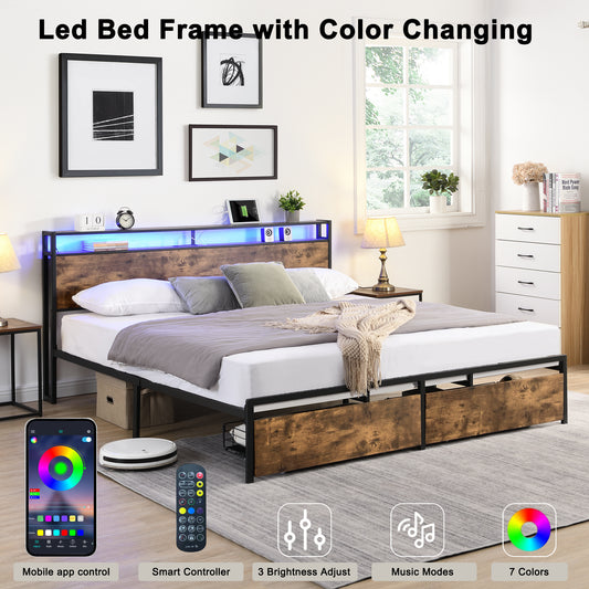 King bed frame with storage headboard and charging station, noise-free