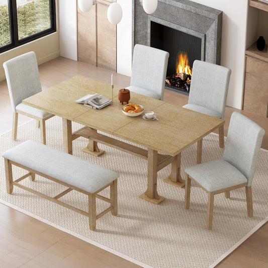 6-piece farmhouse dining set with extendable table and upholstered chairs, natural finish