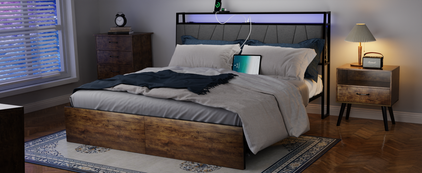 King bed frame with storage, ergonomic headboard, charging station, and LED lights, rustic brown