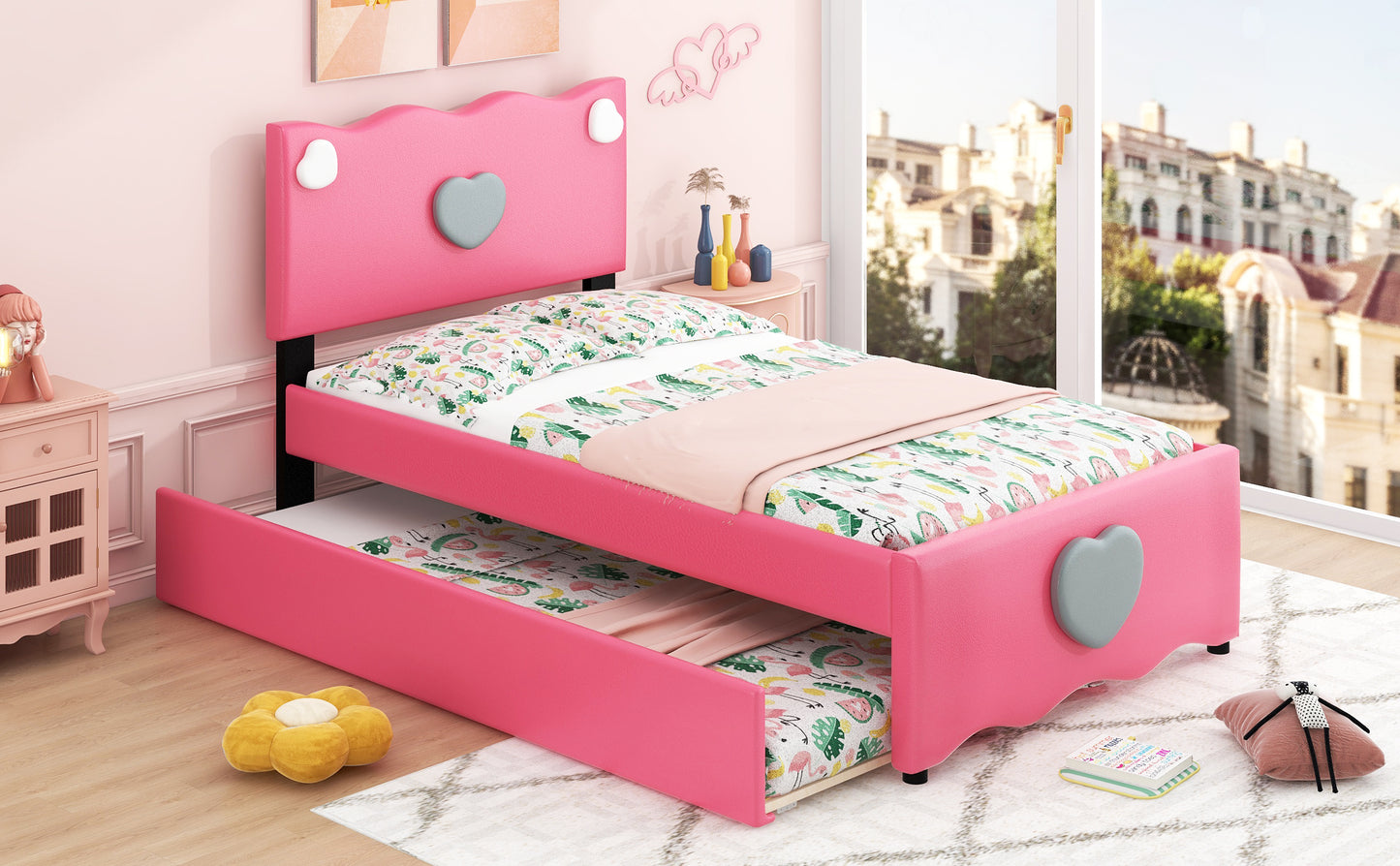 Twin Size Upholstered Platform Bed with Trundle and Heart Shaped Decoration, Dark Pink